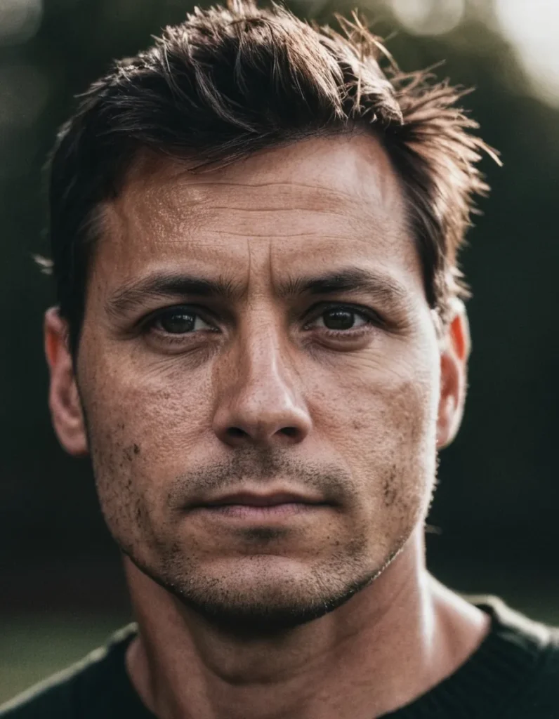 Close-up portrait of a man with short dark hair and a pensive expression. AI generated image using stable diffusion.