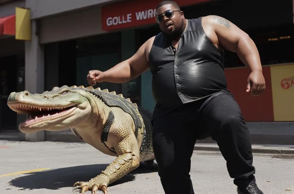 A man in a black leather vest and sunglasses posing with a large alligator in an urban street, generated using Stable Diffusion.