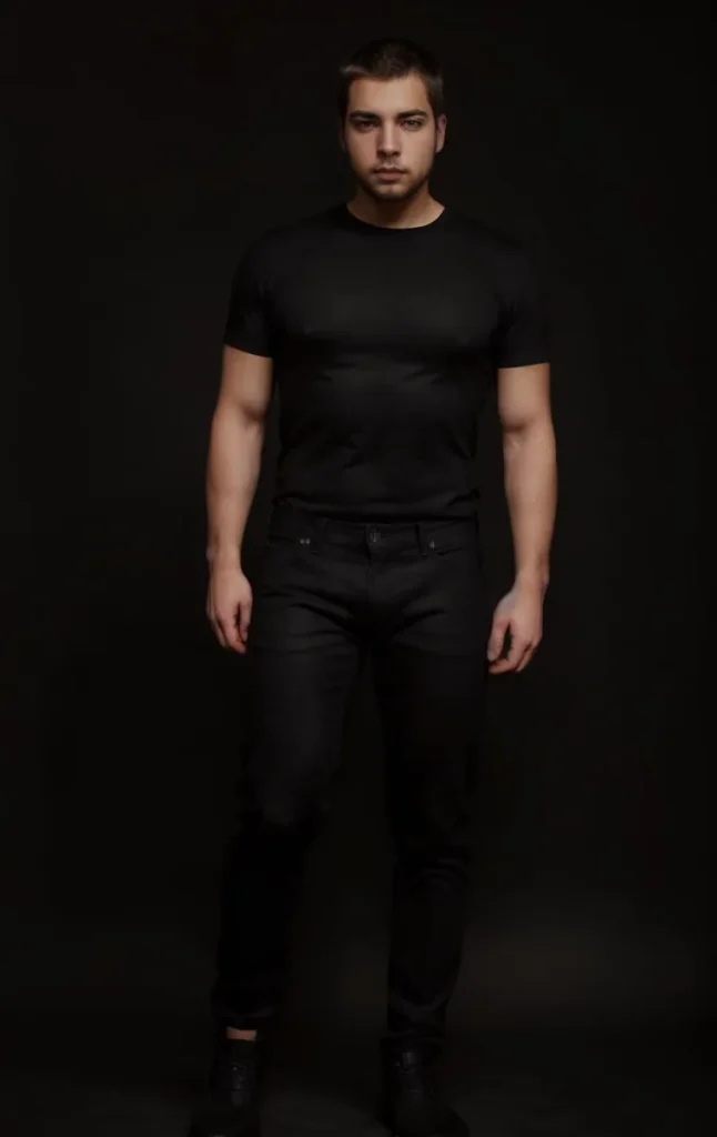 AI generated image of a man standing confidently, dressed in black attire including a black t-shirt and black pants, on a dark background using Stable Diffusion.