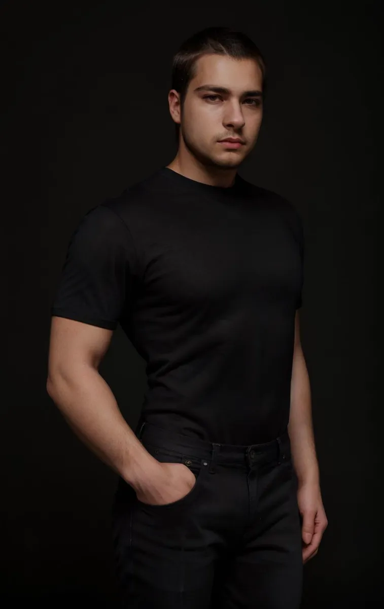 Portrait of a man dressed in black clothing, AI generated image using stable diffusion.