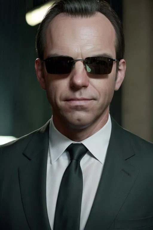 A man in a dark suit and tie wearing sunglasses, created by AI using Stable Diffusion. The man has short hair and a serious expression.