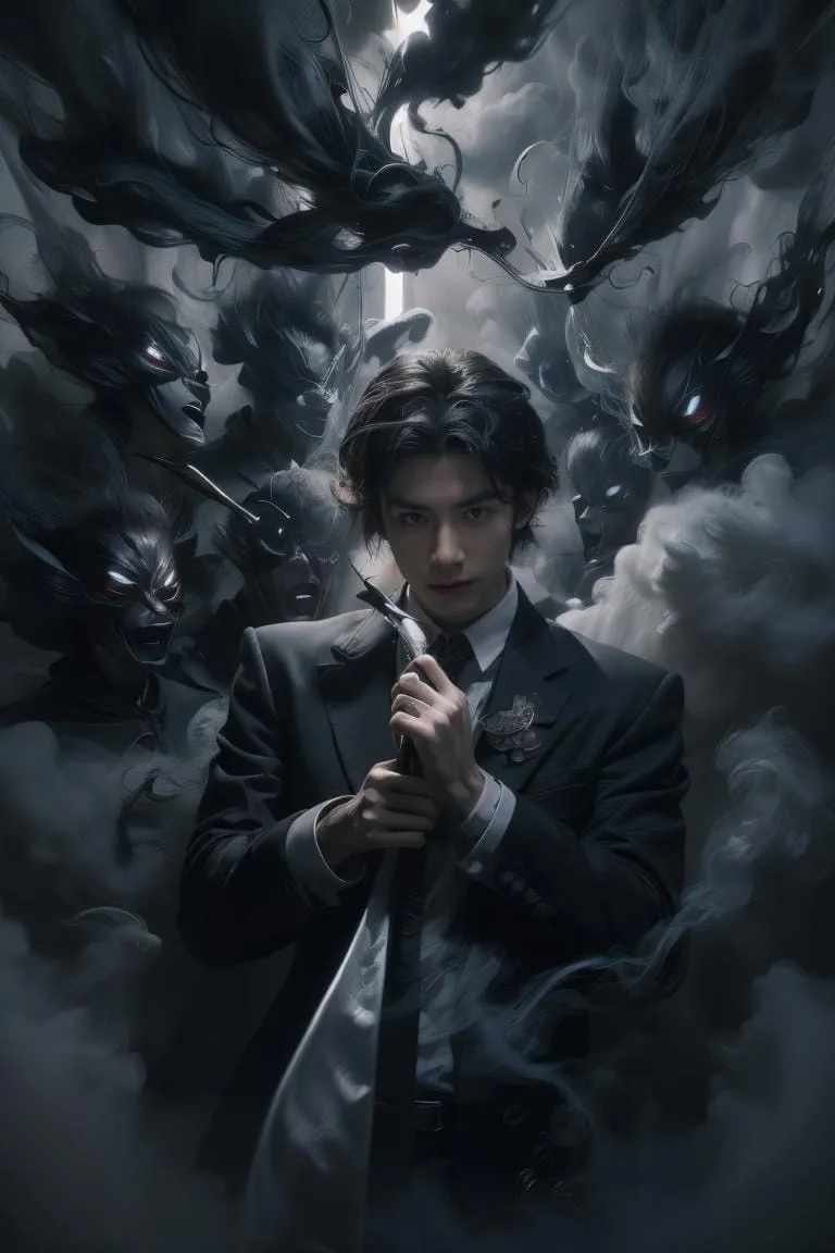 A man in a black suit holding a dagger, surrounded by dark, shadowy figures with glowing eyes, created using Stable Diffusion AI.
