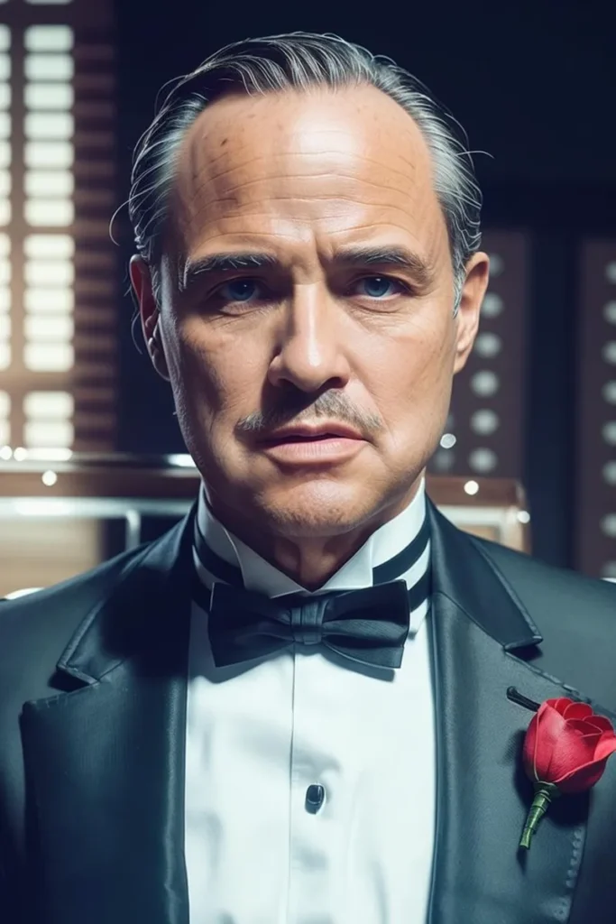 A man in formal attire with a black bow tie and a red rose boutonniere, created using stable diffusion.