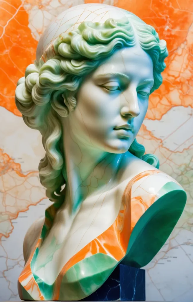A classical marble bust with intricate abstract colors generated using Stable Diffusion AI.