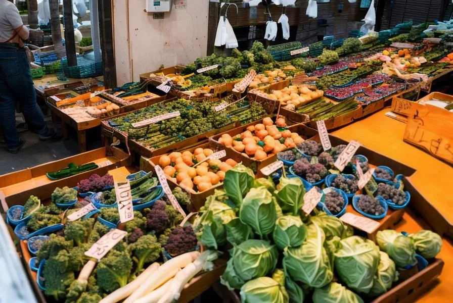 Colorful array of fresh vegetables displayed at a market stall, showcasing variety and abundance. This is an AI generated image using stable diffusion.