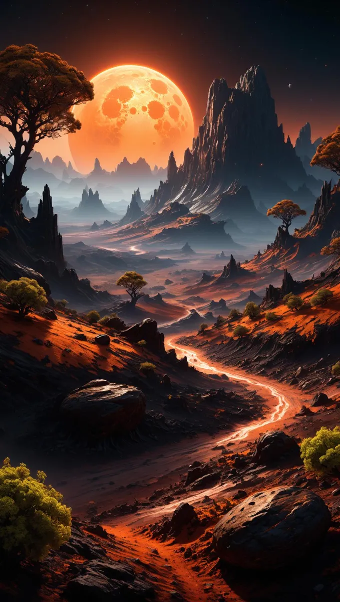 AI generated image using stable diffusion of a Martian landscape with a fiery moon. Jagged rock formations, volcanic terrain, and sparse alien vegetation.