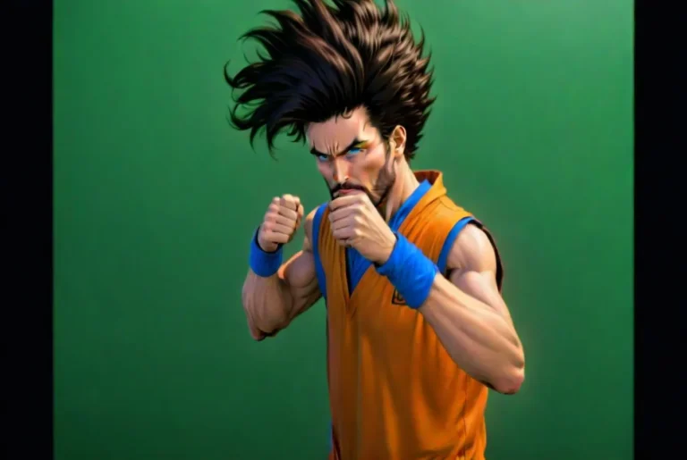 Martial artist anime character with spiky hair, intense expression, and fists up, dressed in orange and blue attire, AI generated image using Stable Diffusion.