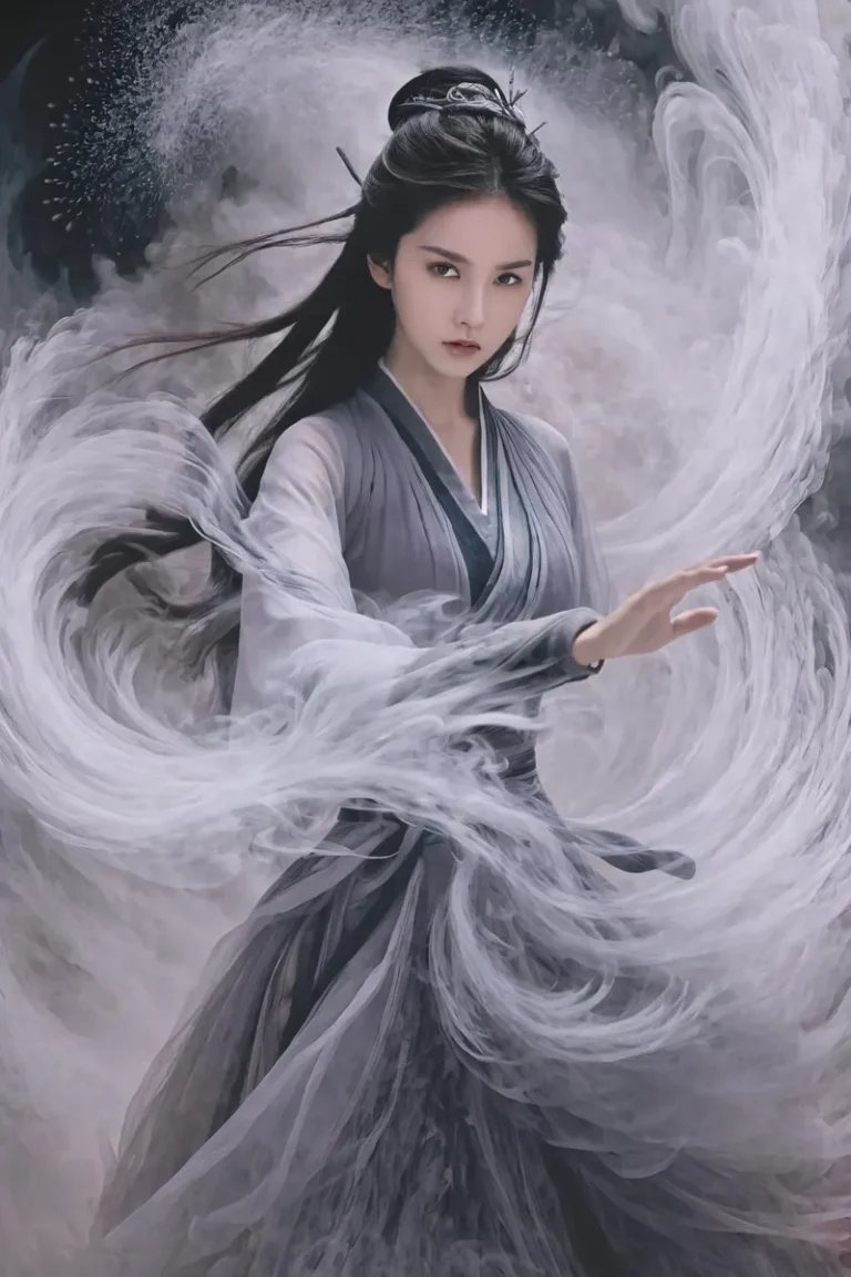 Fantasy martial artist in traditional attire stands surrounded by swirling smoke, intricately manipulated, created using AI stable diffusion.
