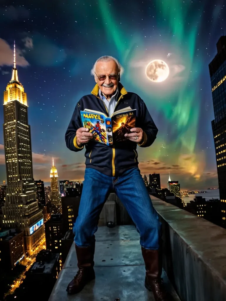 An AI generated image using stable diffusion featuring an elderly man with white hair and glasses, smiling and holding a Marvel comic book in New York City. The scene is set at night with the glowing Empire State Building, a full moon, and the northern lights in the background.