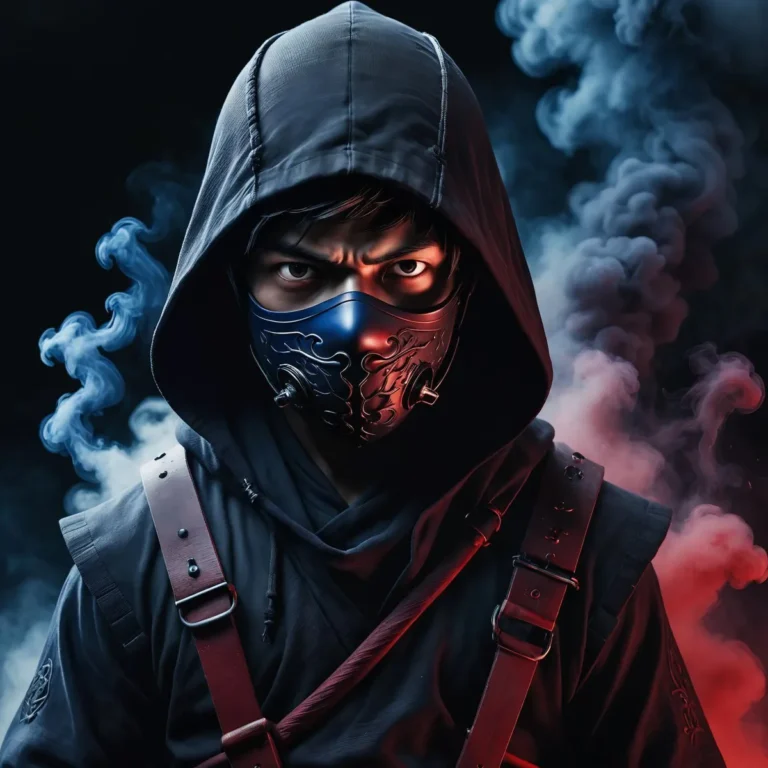 A detailed, AI generated image of a masked ninja dressed in black, with a hood and a gas mask, surrounded by smokey effects, created using Stable Diffusion.
