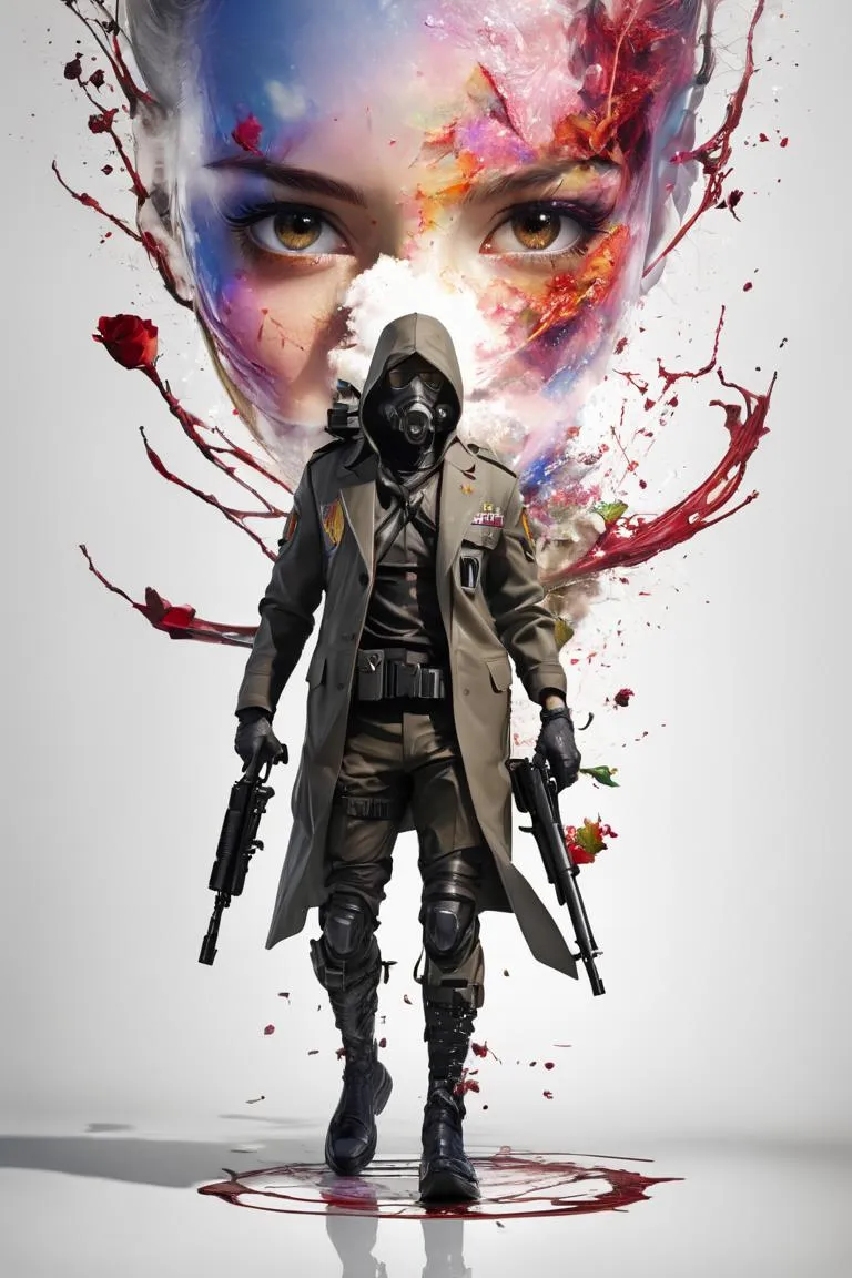 AI generated image using Stable Diffusion depicting an armored soldier wearing a gas mask and trench coat, holding dual firearms, with an artistic female face in the background, incorporating vibrant splashes of colors and roses.