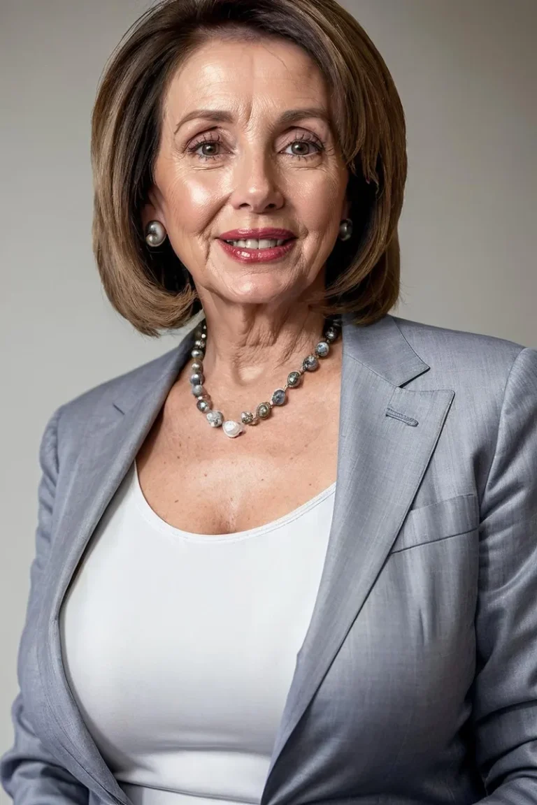 A mature woman with short brown hair, wearing a grey suit jacket and a beaded necklace, smiles warmly. The image is AI generated using Stable Diffusion.