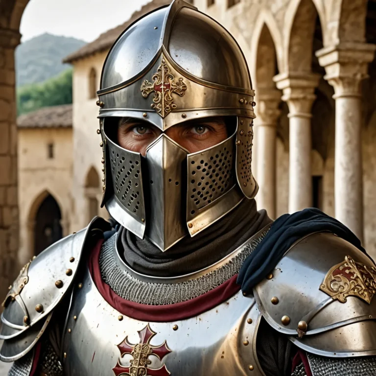 A medieval knight in full metallic armor with intricate designs, standing in a stone archway. This is an AI generated image using stable diffusion.