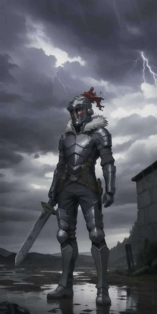 Medieval knight in full armor with a sword standing under dark stormy skies, AI generated image using Stable Diffusion.