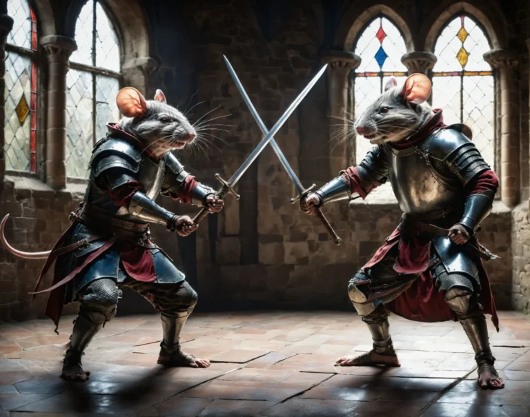 Two anthropomorphic mice in full medieval armor engaged in a sword duel inside a stone castle. This is an AI generated image using Stable Diffusion.