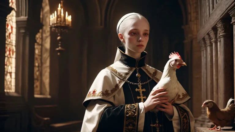 AI generated image using stable diffusion depicting a medieval monk in a dimly lit, stone-walled cathedral holding a white chicken with another chicken by the side.
