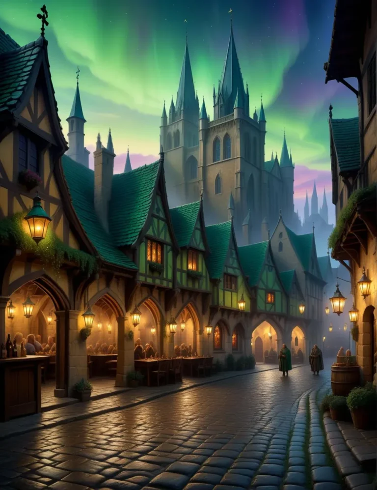 AI-generated image of a medieval town street lined with quaint houses, leading to a large cathedral under a sky illuminated by northern lights.