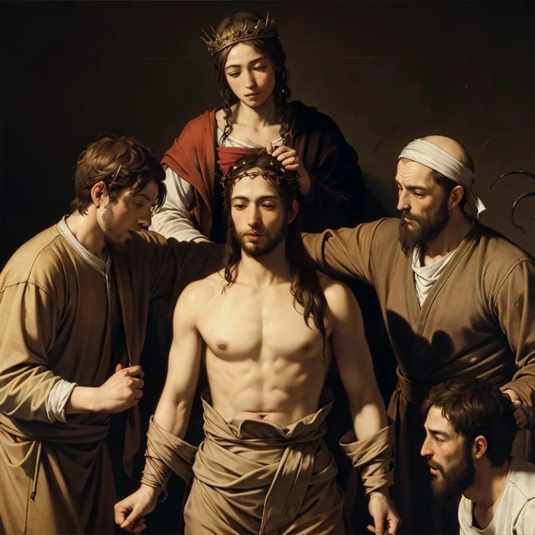 Medieval-themed scene featuring a shirtless man with a crown of thorns surrounded by four other individuals, with a woman placing the crown on his head. AI generated image using Stable Diffusion.