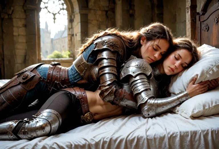 Two women dressed in detailed medieval knights' armor resting on a bed in a sunlit stone room, generated by AI using Stable Diffusion.