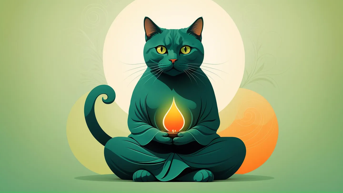 A zen-like cat in meditation posture holding a glowing candle, set against a green and gradient background, created using Stable Diffusion.