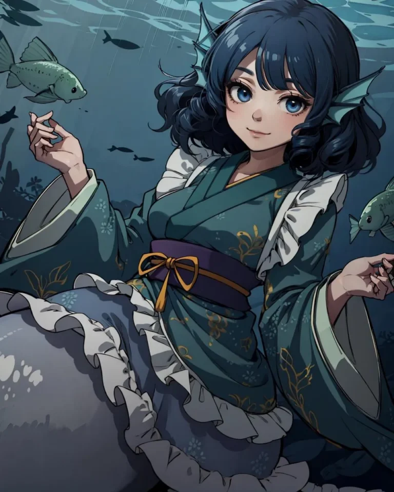 Anime-style mermaid with blue hair and detailed aquatic clothing, surrounded by fish, AI generated using Stable Diffusion.