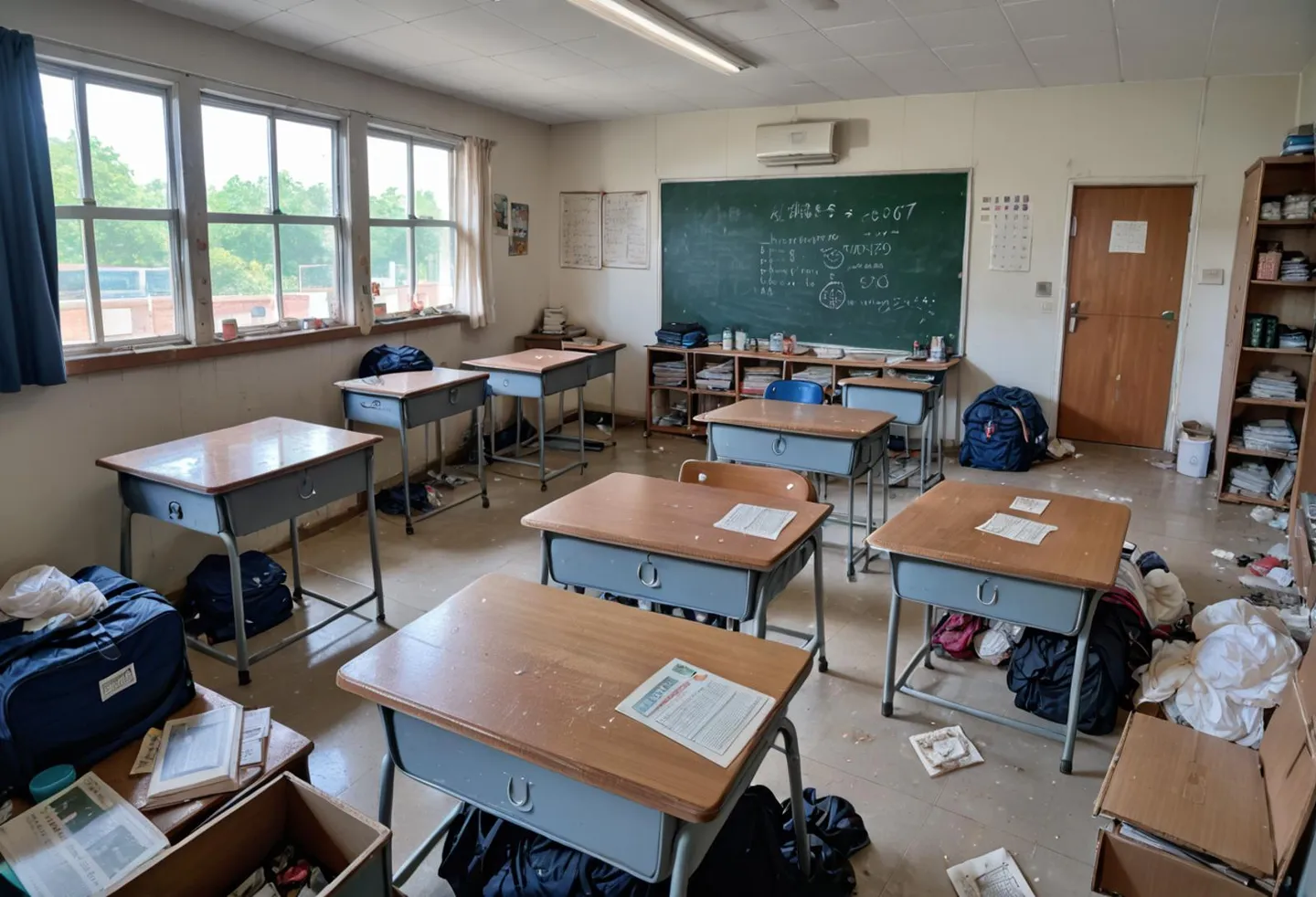 A messy and disorganized classroom with scattered papers and bags, generated using AI with Stable Diffusion.