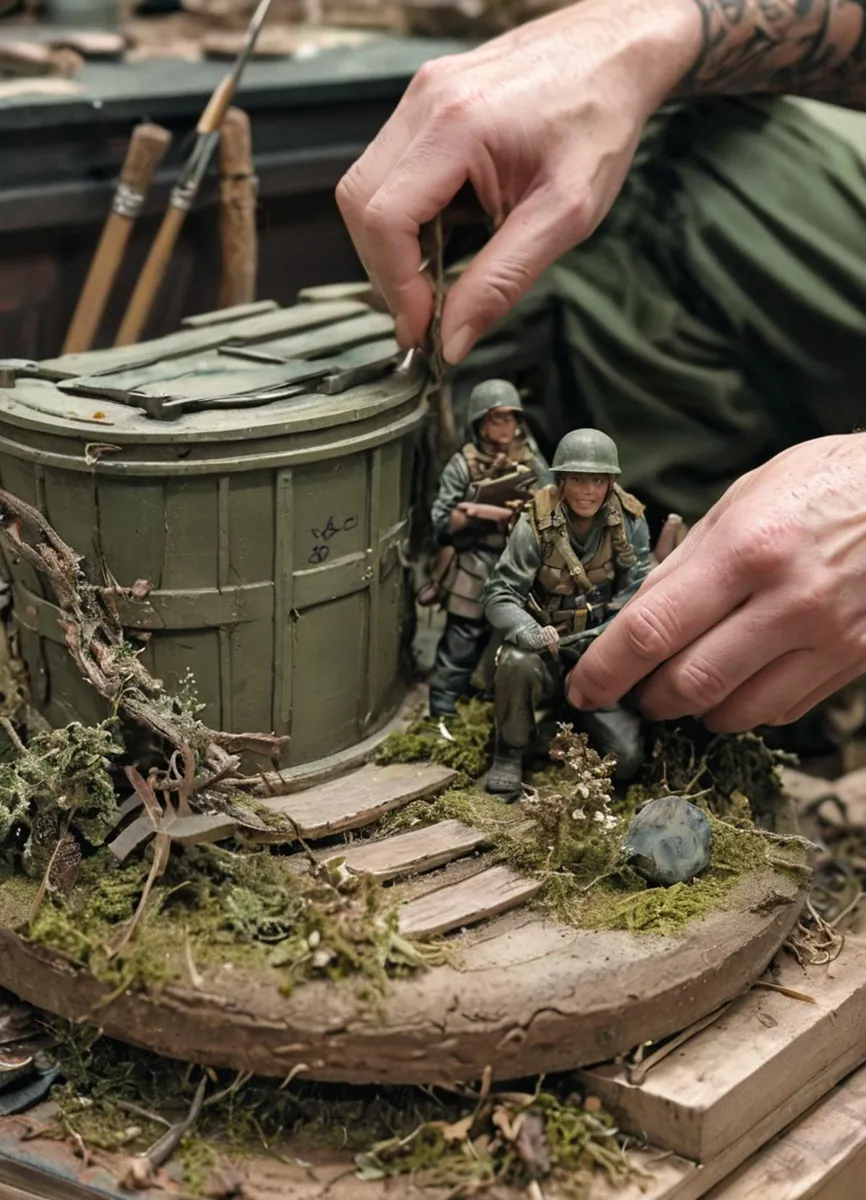 Detailed military miniature diorama depicting uniformed soldiers near a military structure, created with AI using Stable Diffusion.