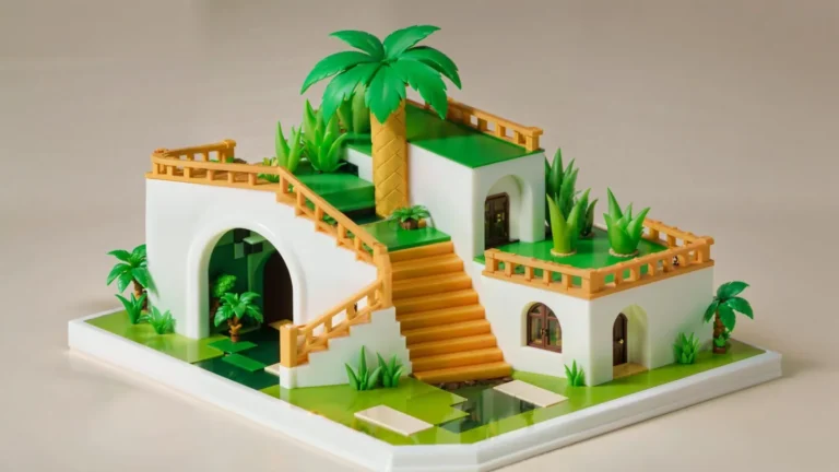 AI generated image of a miniature house with tropical greenery, featuring white modern architecture, palm trees, and plants, created using Stable Diffusion.