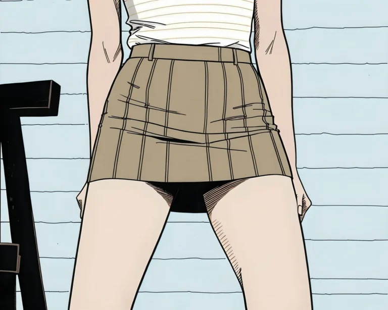 Minimalist fashion illustration of a woman's lower body wearing a tan, high-waisted skirt and a sleeveless white top. The illustration style uses clean lines and a muted color palette.