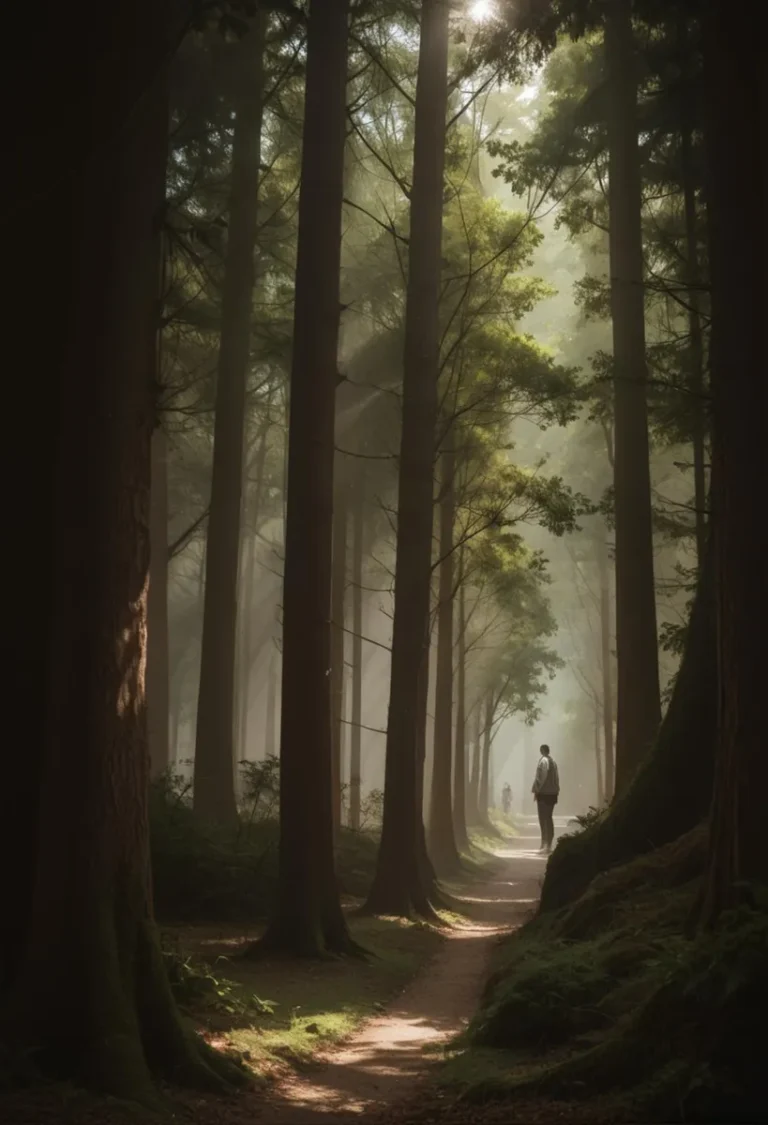A serene landscape of a misty forest with tall trees and two people walking on a narrow path, created using AI with stable diffusion.