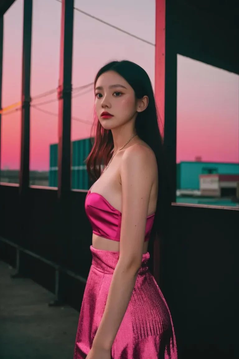 Model in a stunning pink outfit, standing against an industrial backdrop with a breathtaking sunset. AI generated image using Stable Diffusion.