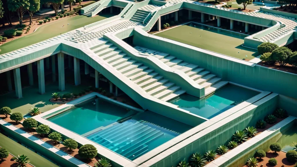 A modern architectural structure with multiple luxury swimming pools, surrounded by green landscape, created using stable diffusion.