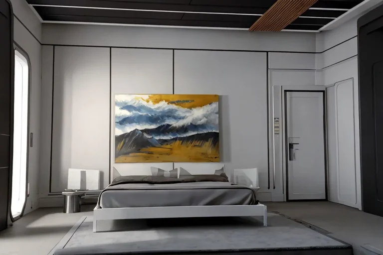 Modern bedroom with minimalist decor and contemporary art painting, AI generated using Stable Diffusion.