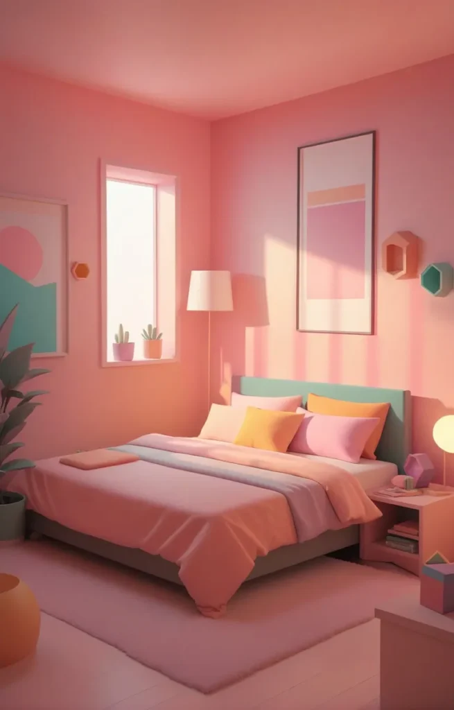A modern bedroom with pastel-colored decor generated using Stable Diffusion AI.