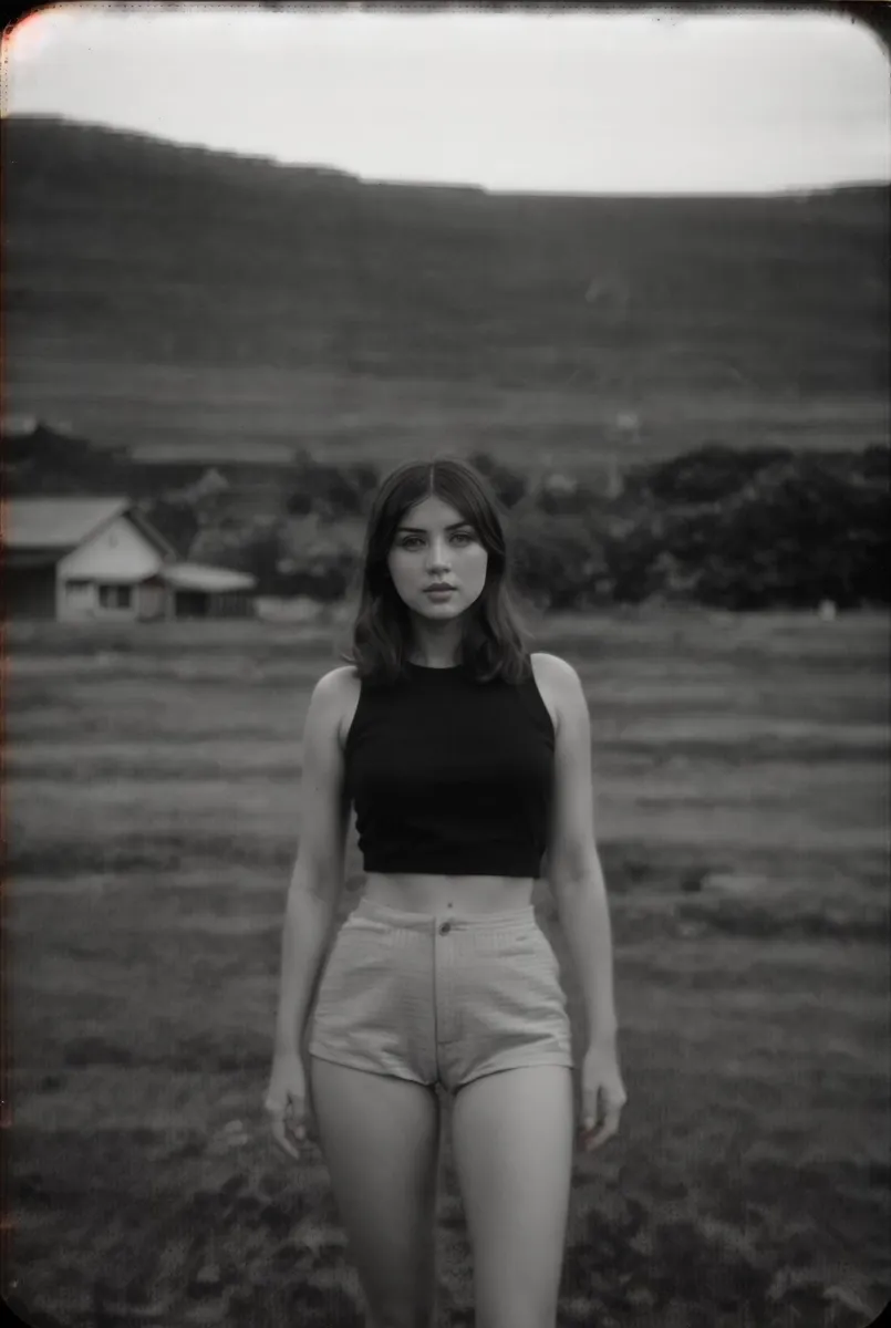 A black and white outdoor portrait of a young woman with shoulder-length hair, wearing a sleeveless black top and high-waist shorts, in front of a house and distant hills. AI generated image using Stable Diffusion.