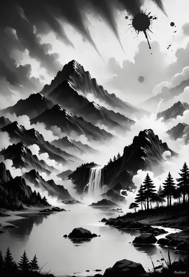 A monochrome AI generated image using Stable Diffusion depicting a dramatic mountain range with a cascading waterfall, surrounded by trees and a serene lake in the foreground.