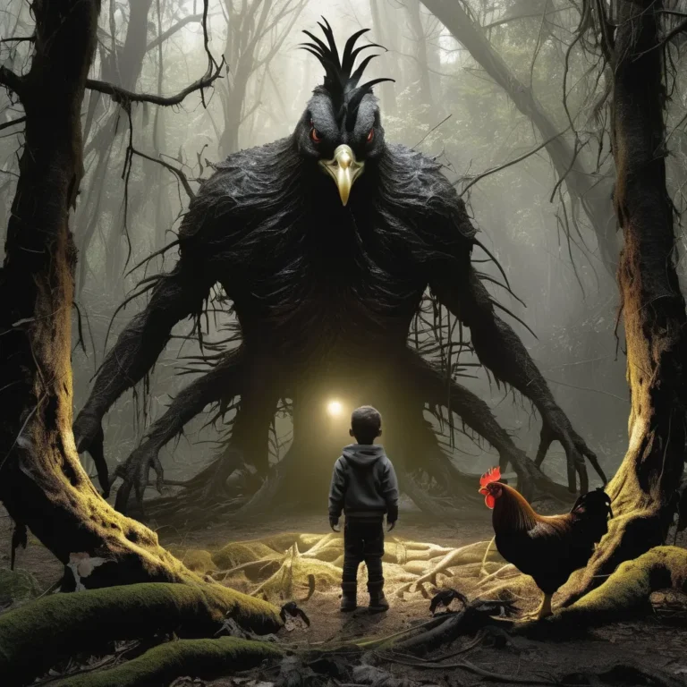 AI generated image using Stable Diffusion: A dark forest with a giant, sinister bird-like monster confronting a small child holding a light, accompanied by a rooster.