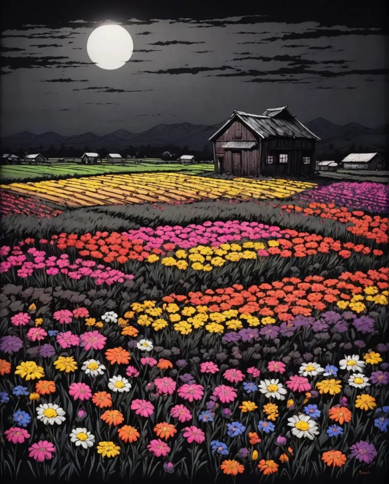 A vibrant flower field under a moonlit sky with a solitary cabin in the background. AI generated image using Stable Diffusion.