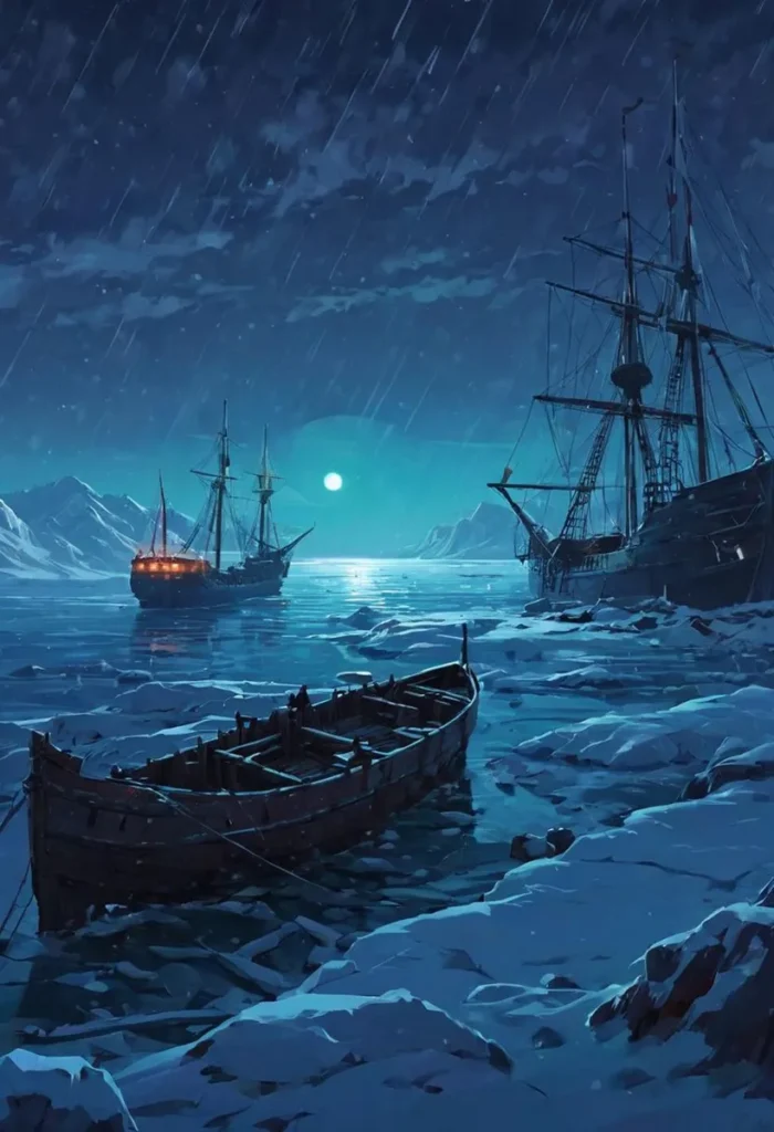 AI generated image using Stable Diffusion of a moonlit scene featuring ships on icy waters at night.