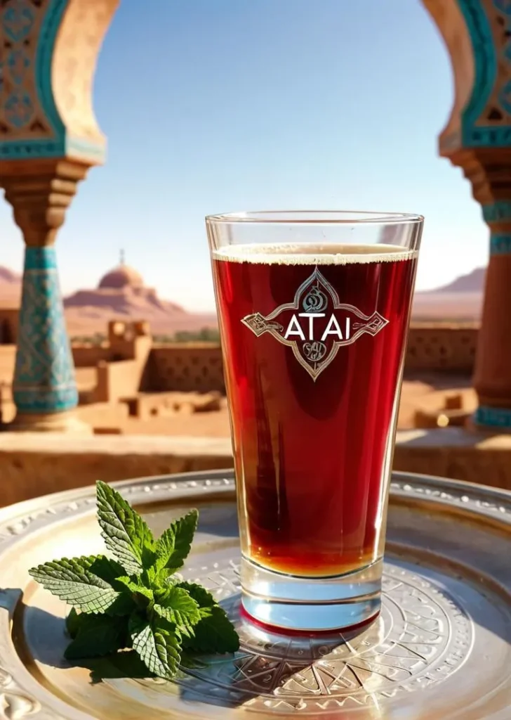 AI generated image of a glass of Moroccan mint tea on a silver tray with mint leaves, framed in a traditional Moroccan setting using stable diffusion.