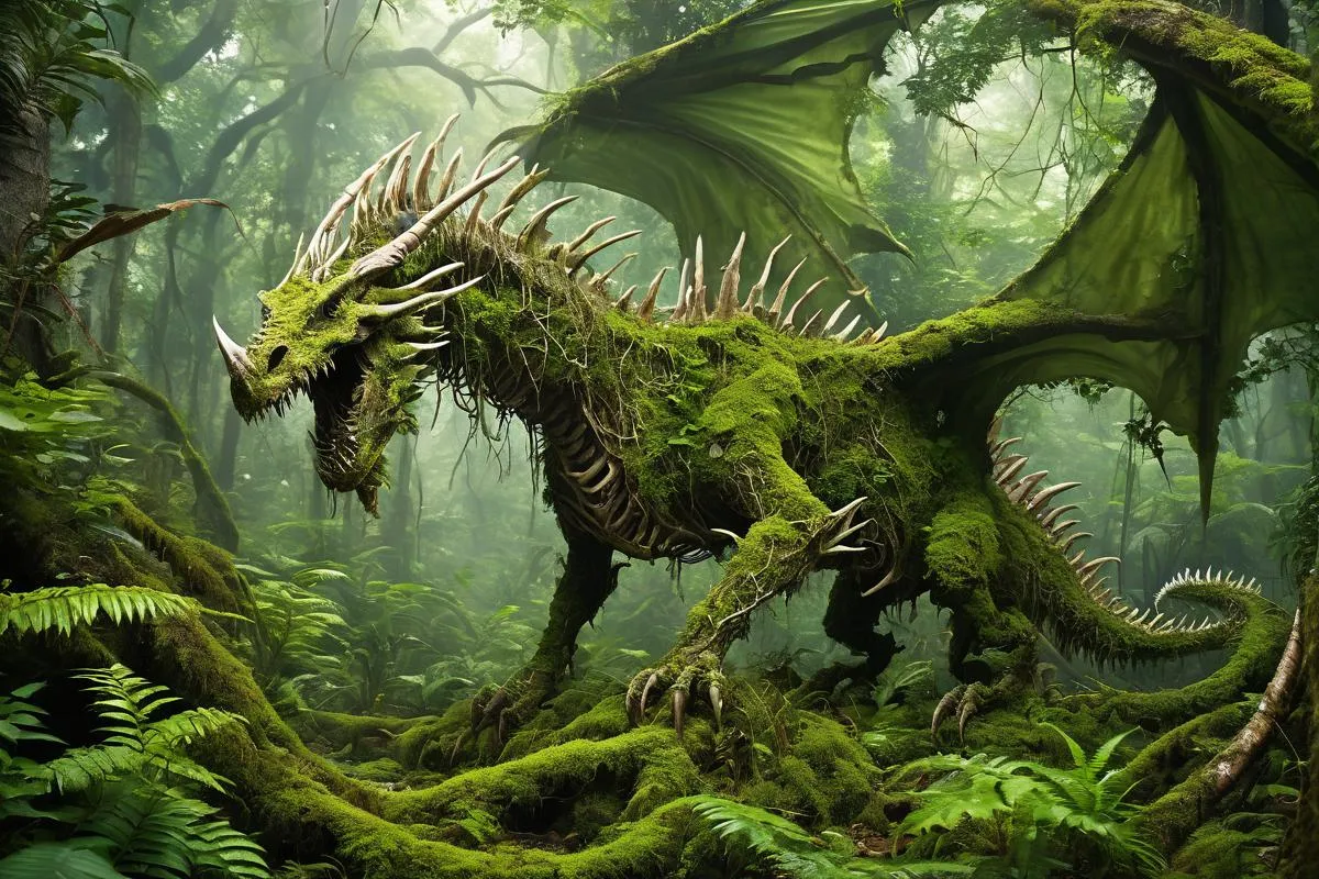 A moss-covered dragon standing in a mystical, lush green forest. The dragon is intricately detailed with moss and plant life growing over its skeletal structure and wings, creating an ethereal appearance. This is an AI-generated image using stable diffusion.