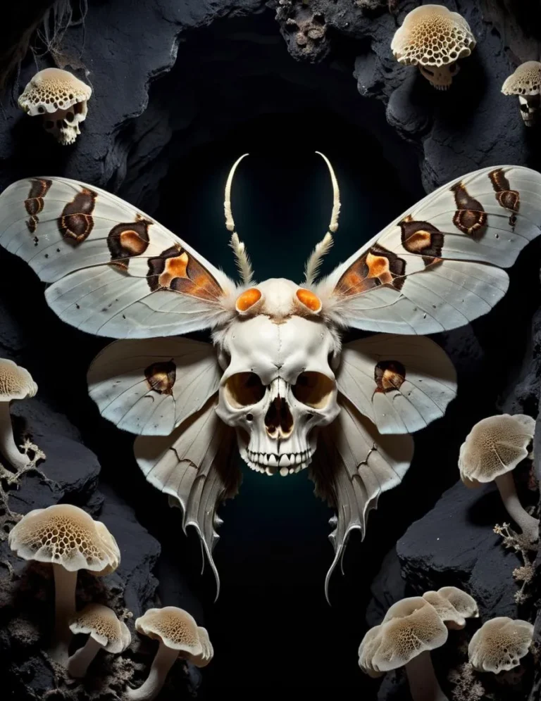 A moth with a skull head emerges from a dark cave, surrounded by detailed mushrooms and fantasy elements, generated using Stable Diffusion.