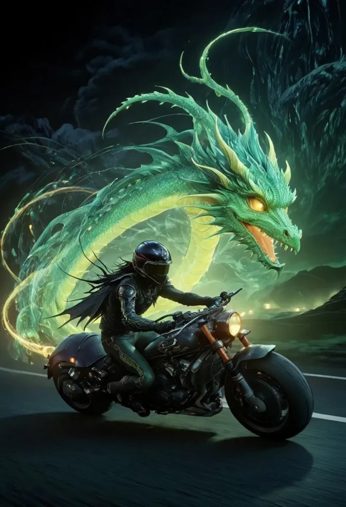 A fantasy art of a motorcycle rider in black gear riding on a dark road with a large, luminous green dragon with glowing eyes and intricate scales spiraling behind. Ai generated using stable diffusion.