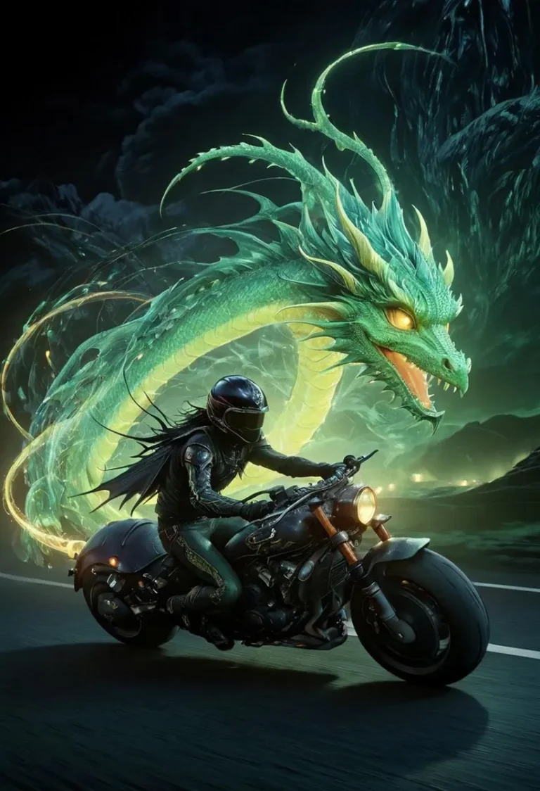 A fantasy art of a motorcycle rider in black gear riding on a dark road with a large, luminous green dragon with glowing eyes and intricate scales spiraling behind. AI generated using Stable Diffusion.