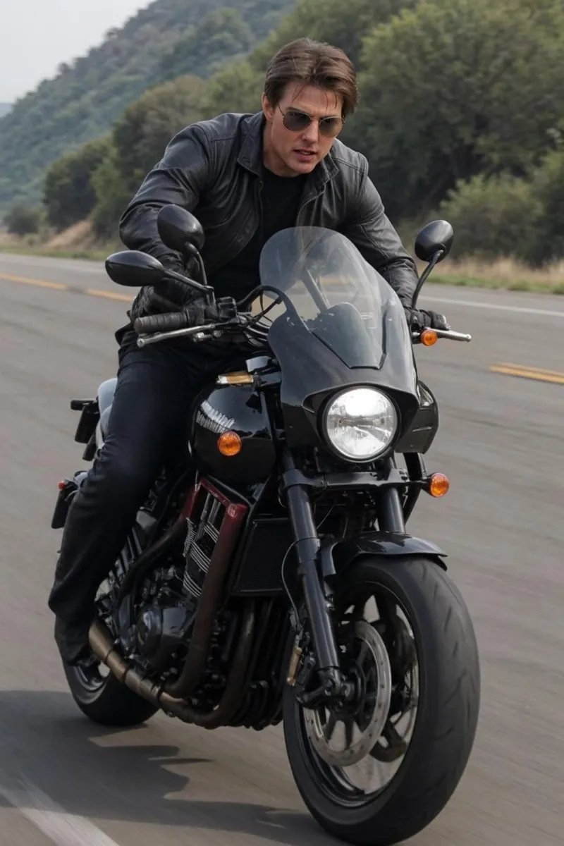 Close-up of a person riding a motorcycle, wearing a sleek black leather jacket and sunglasses. This is an AI generated image using stable diffusion.