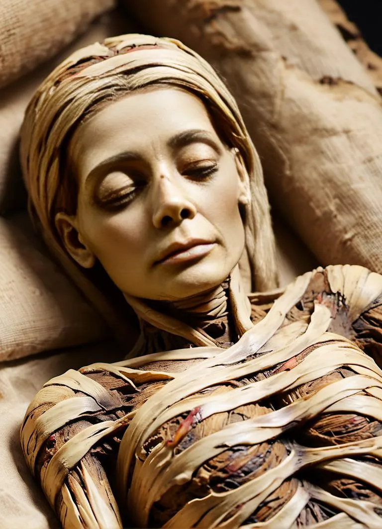 A close-up view of a mummified woman resting, generated with Stable Diffusion AI.