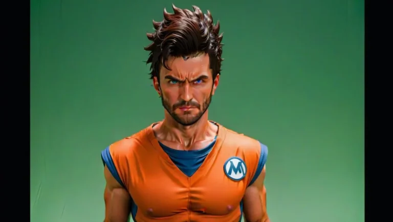 AI generated image of a muscular anime character with intense expression, against a green background using Stable Diffusion.