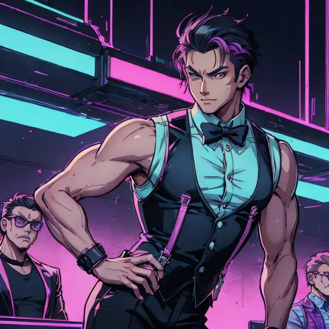 A muscular man with short black hair, styled with purple highlights, and wearing a white shirt with rolled-up sleeves under a black vest, complemented by a bow tie and suspenders. The background is an iconic cyberpunk environment, defined by glowing neon lights of blue and pink.