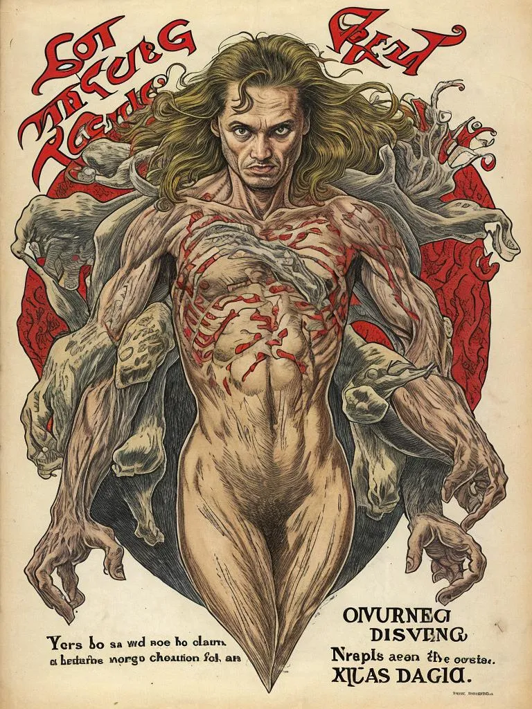 Vintage style illustration of a muscular man with long flowing hair in a heroic pose surrounded by mystical symbols and ghostly hands, AI generated using stable diffusion.