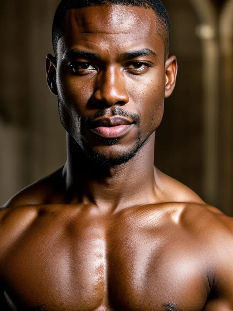 Close-up portrait of a muscular man with a serious expression, generated using Stable Diffusion AI.